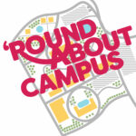 Round About Podcast Logo with letters in red text on a campus map background.